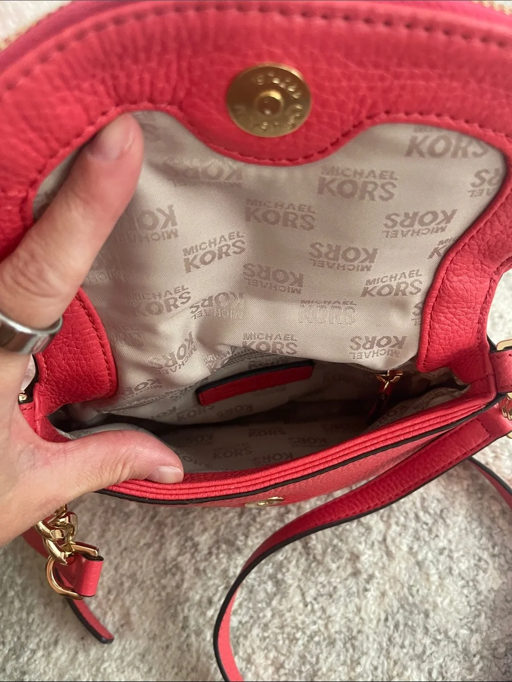 Michael Kors Bright Coral Pebbled Leather Crossbody with Gold Chain